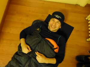 This is what happens when you live and eat in the States. You get stuck in a Mediumsized sleeping bag.